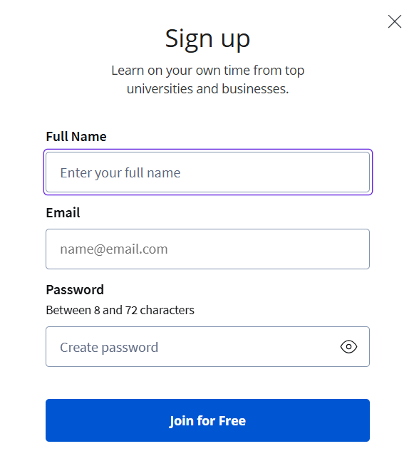 Coursera sign up page